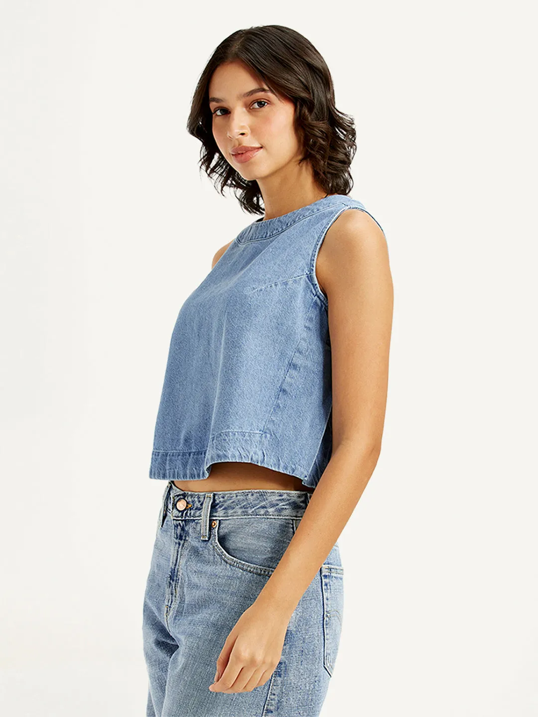 Women's Solid Light Blue Round Neck Crop Top
