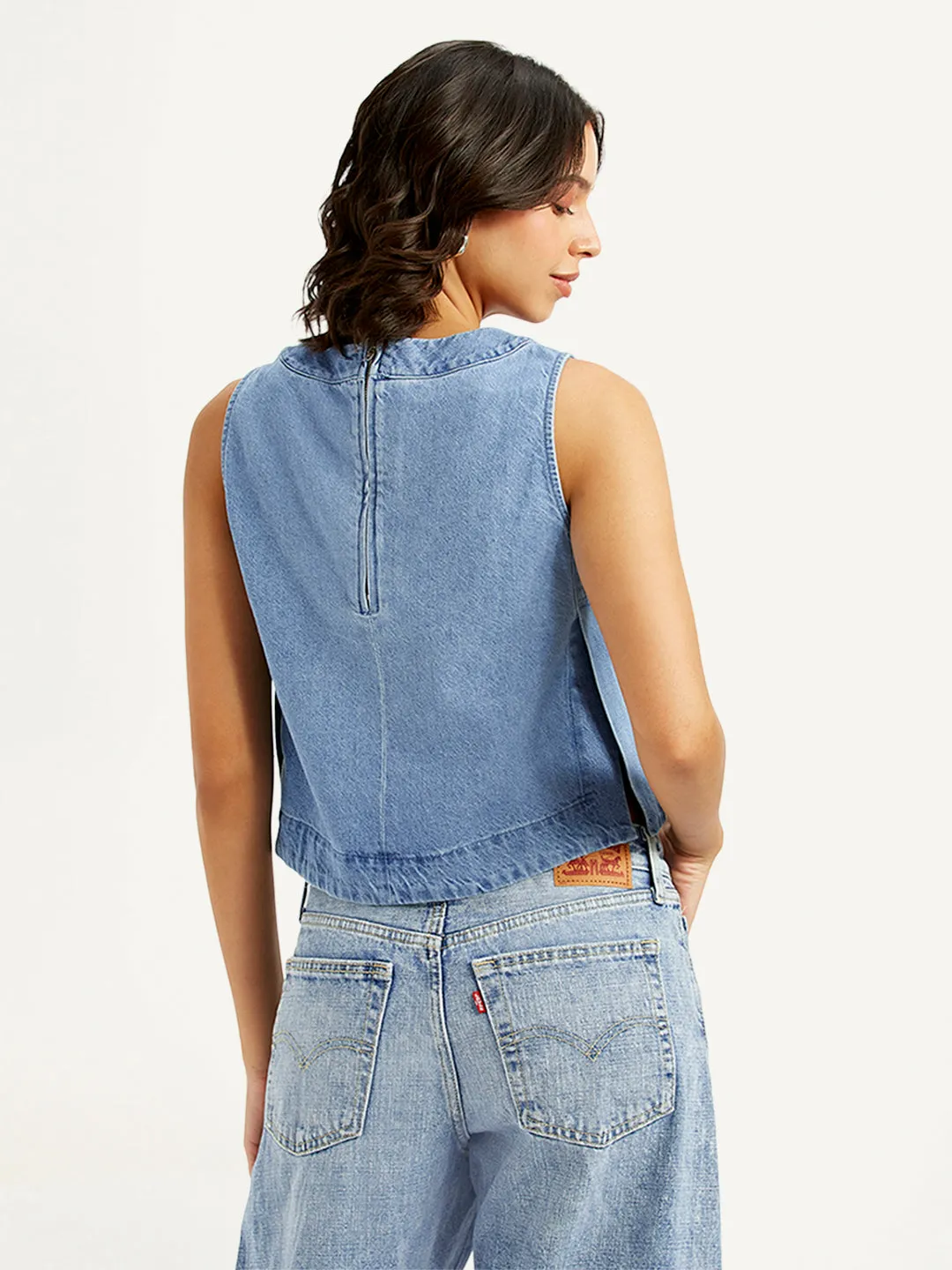 Women's Solid Light Blue Round Neck Crop Top