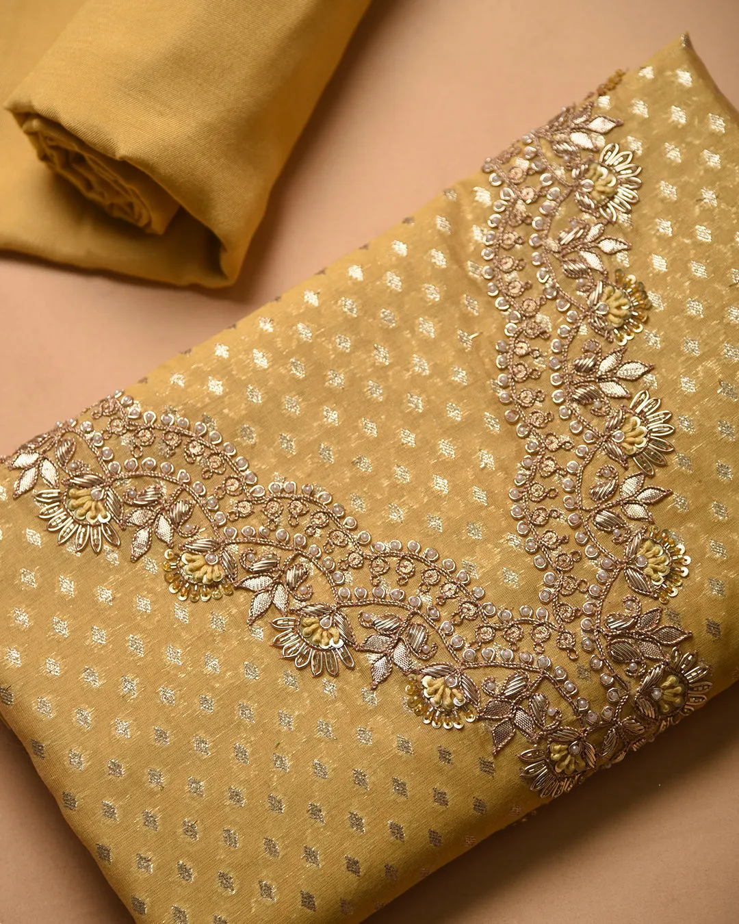 Yellow Chanderi Woven With Hand Embroidered Unstitched Suit Fabric Set With Chanderi Woven Dupatta