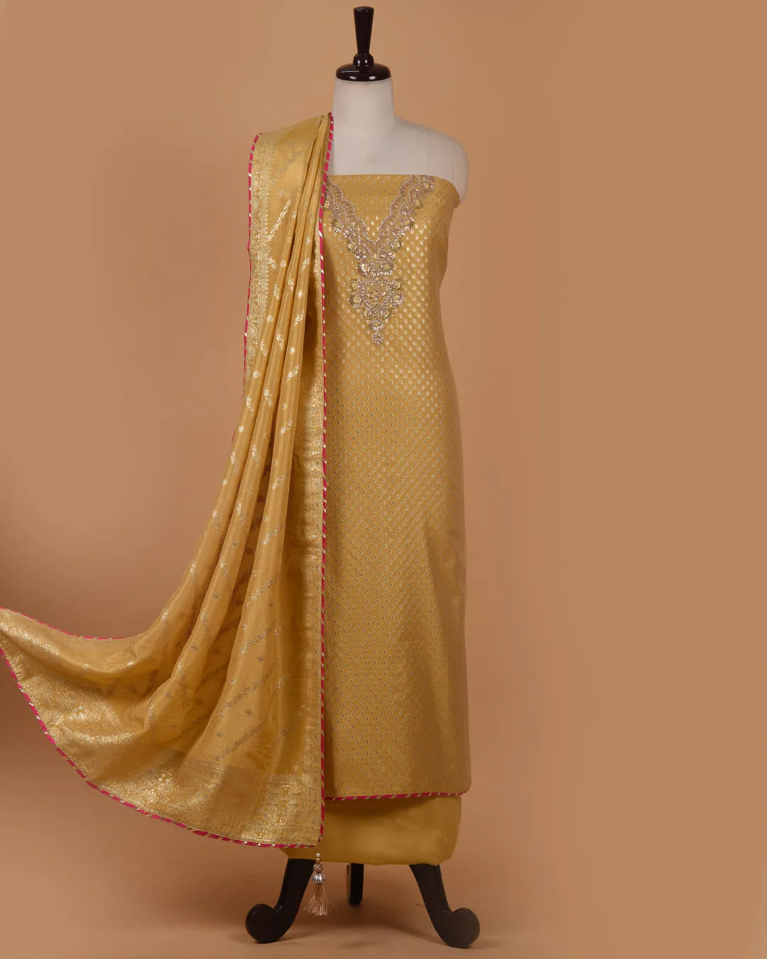 Yellow Chanderi Woven With Hand Embroidered Unstitched Suit Fabric Set With Chanderi Woven Dupatta